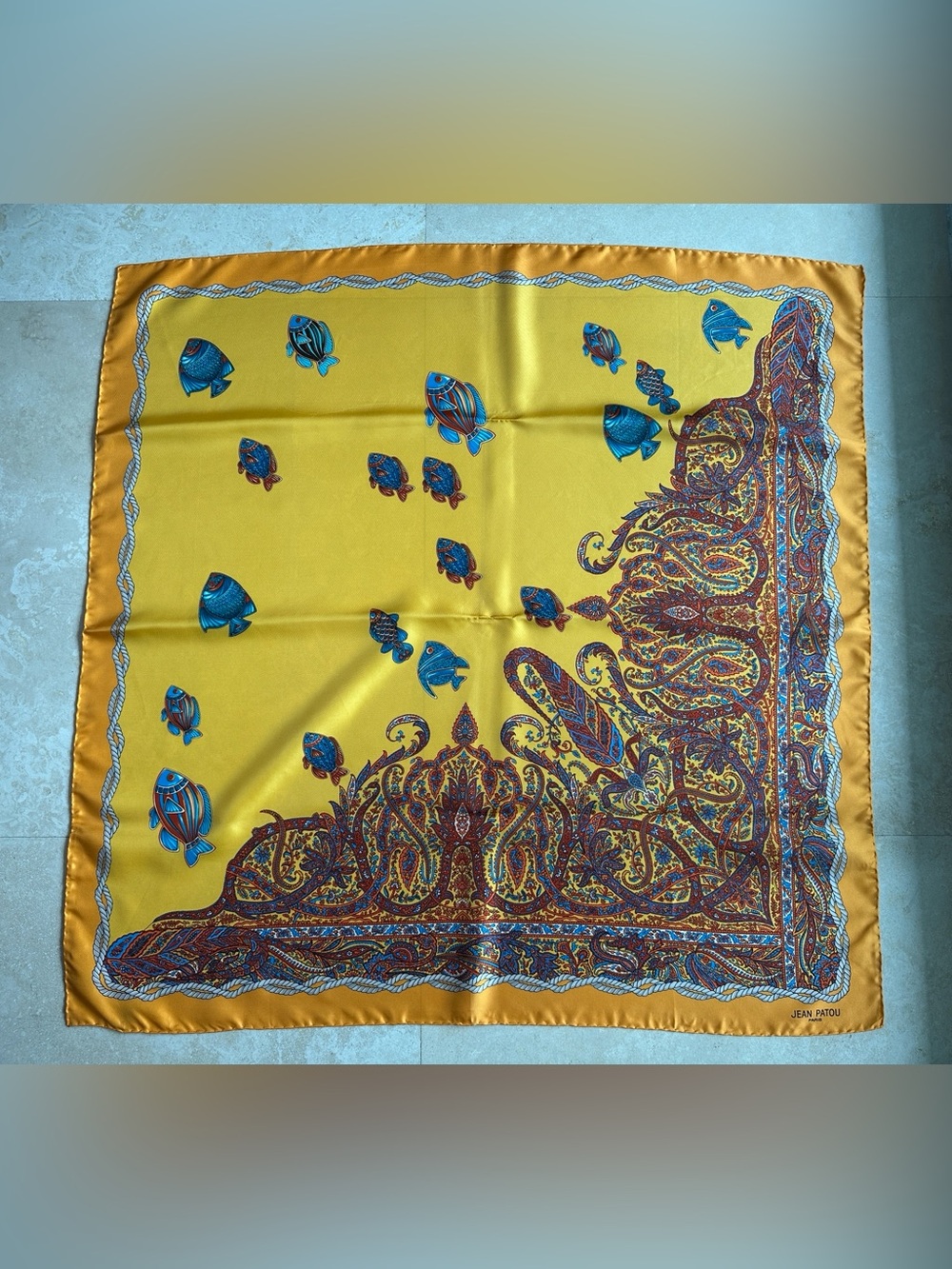 Rare Vintage 100% Silk Scarf by Jean Patou Yellow Paisley & Fish